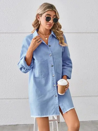 Raw Hem Button Up Denim Dress Trendsi