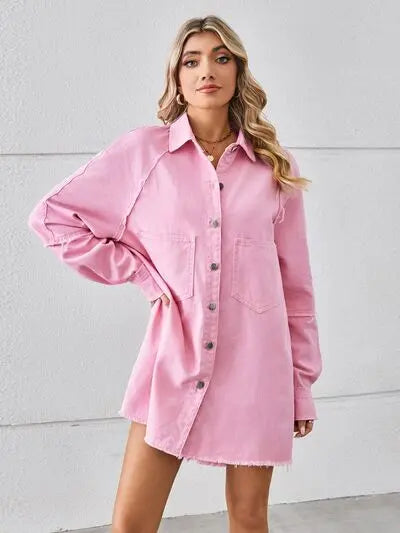 Raw Hem Button Up Denim Dress Trendsi