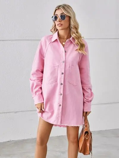 Raw Hem Button Up Denim Dress Trendsi