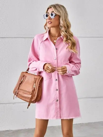 Raw Hem Button Up Denim Dress Trendsi