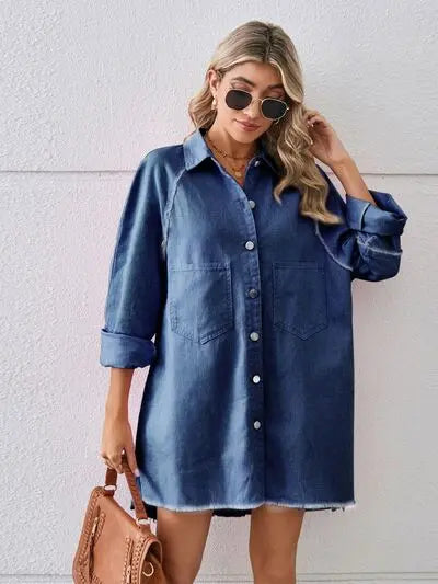 Raw Hem Button Up Denim Dress Trendsi