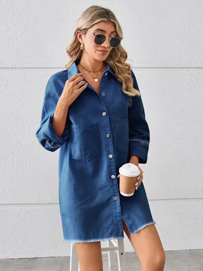 Raw Hem Button Up Denim Dress Trendsi