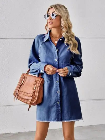 Raw Hem Button Up Denim Dress Trendsi