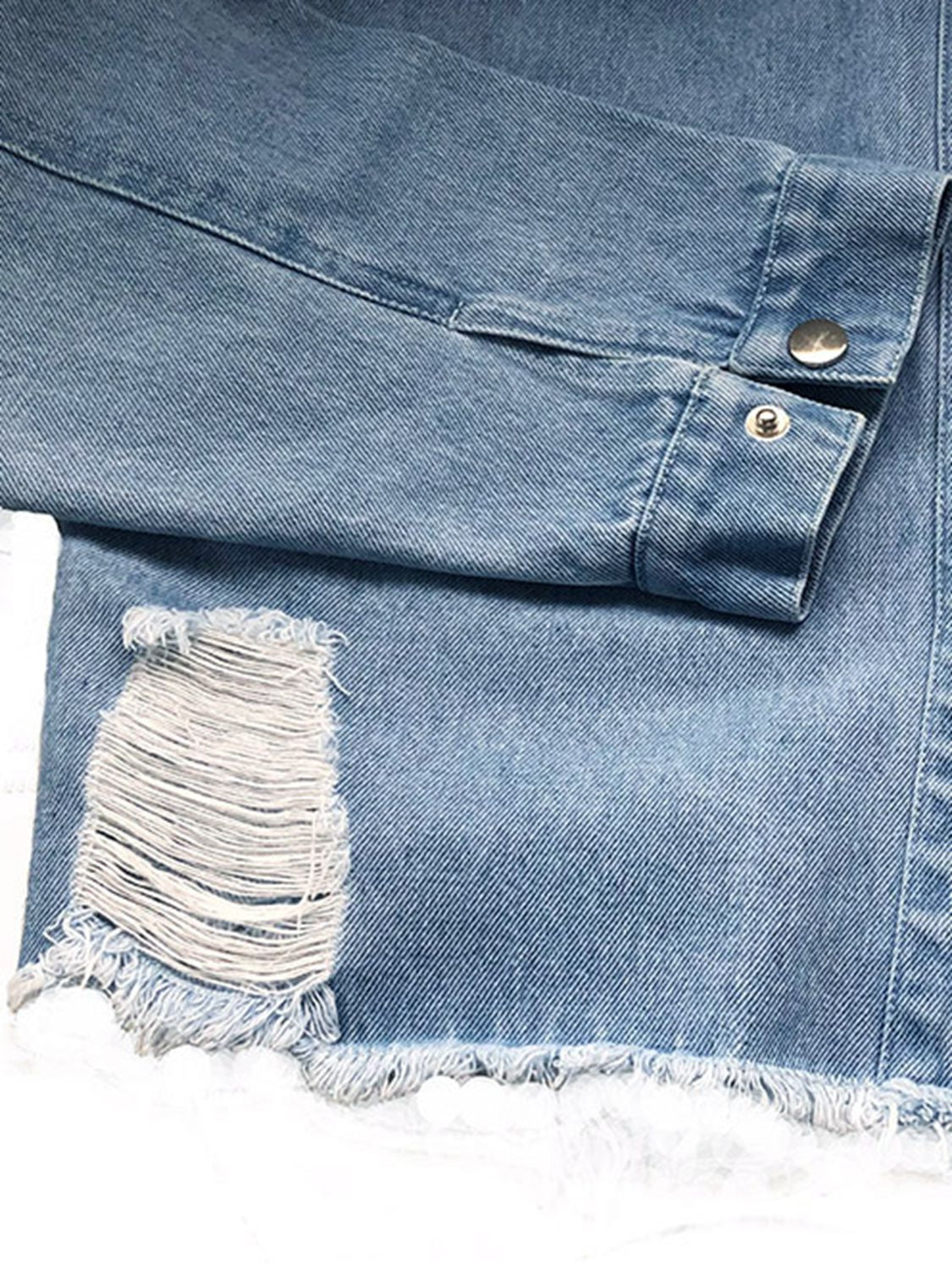Raw Hem Collared Neck Long Sleeve Denim Jacket BLUE ZONE PLANET