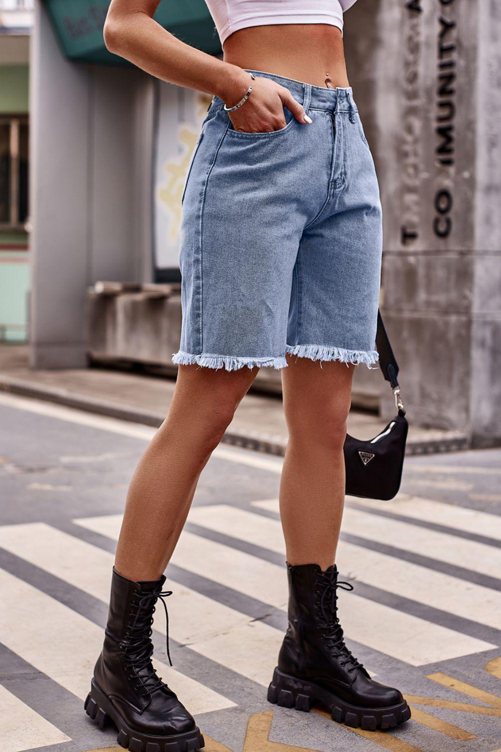 Raw Hem Denim Shorts with Pockets BLUE ZONE PLANET