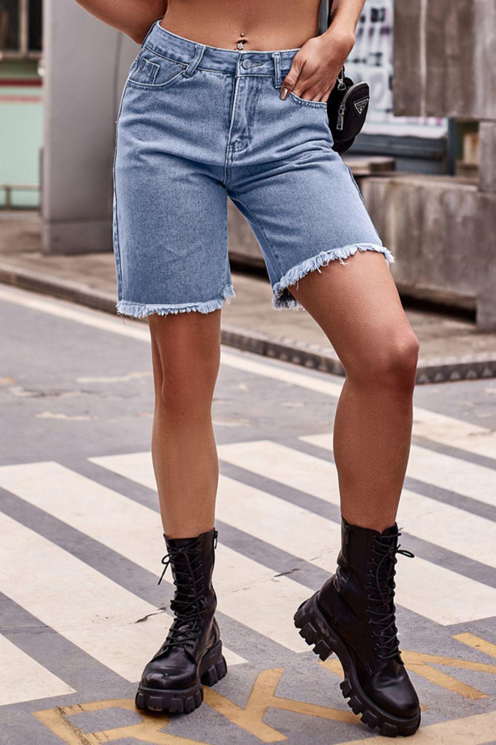 Raw Hem Denim Shorts with Pockets BLUE ZONE PLANET