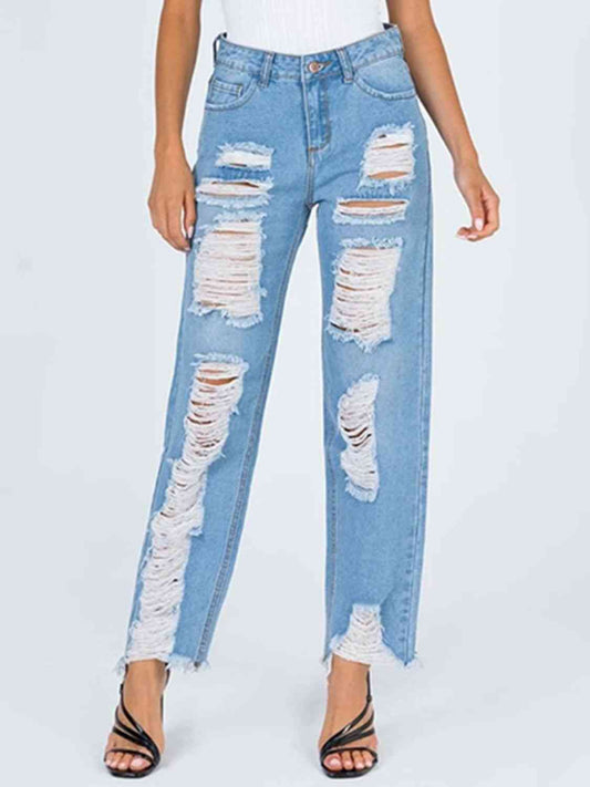 Raw Hem Distressed Straight Jeans BLUE ZONE PLANET