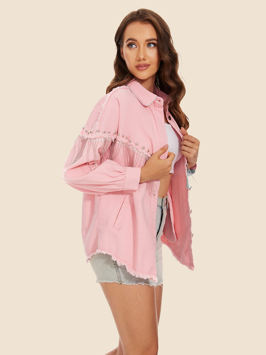 Raw Hem Fringe Detail Denim Jacket BLUE ZONE PLANET