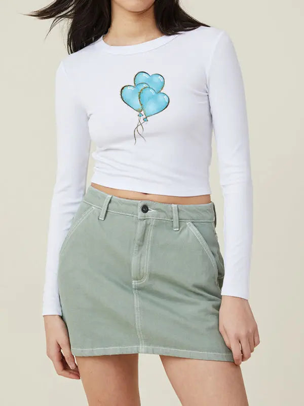 Red Heart Balloon Print Slim Fit Long Sleeve T-Shirt BLUE ZONE PLANET
