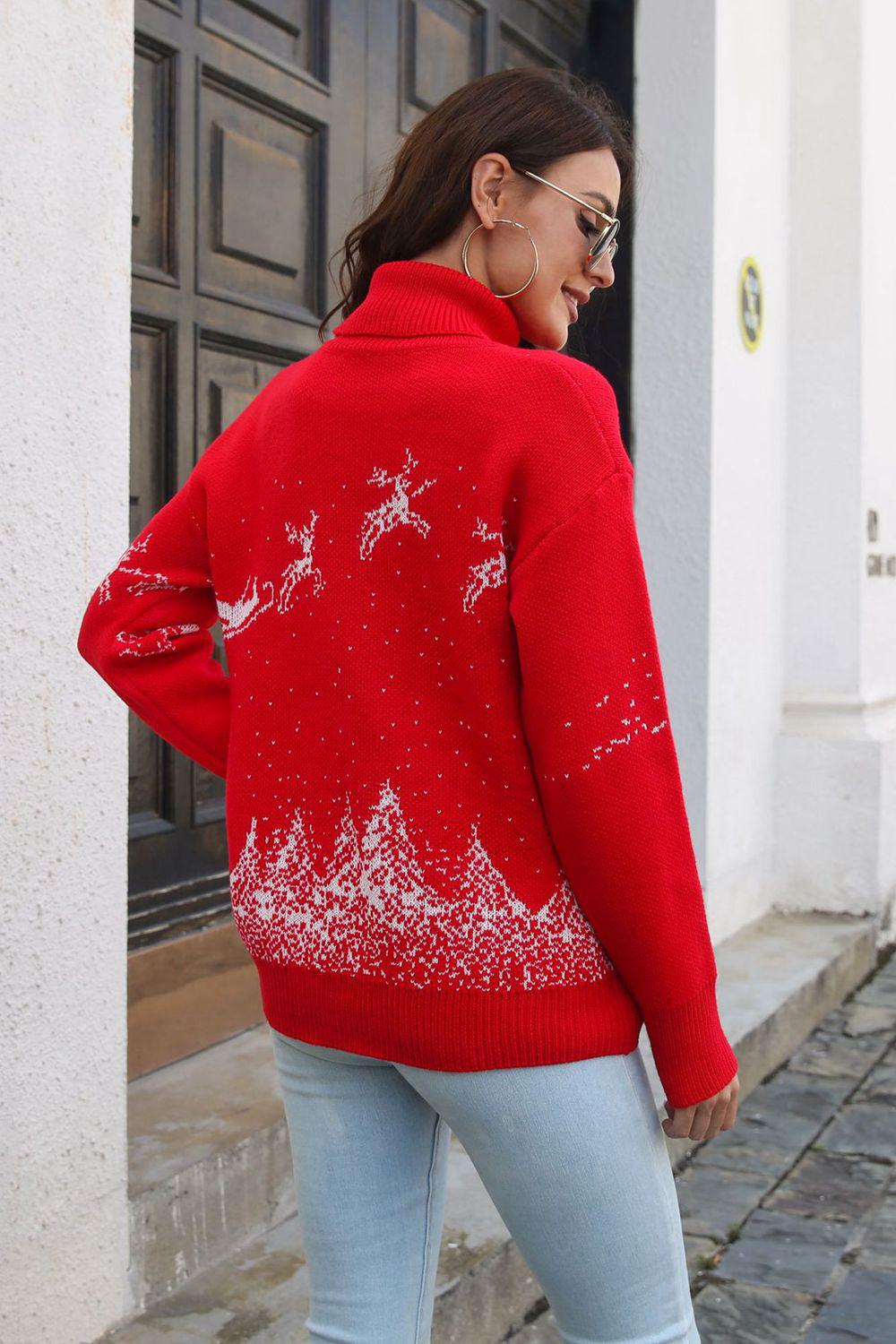 Reindeer & Snow Pattern Turtle Neck Pullover Sweater BLUE ZONE PLANET