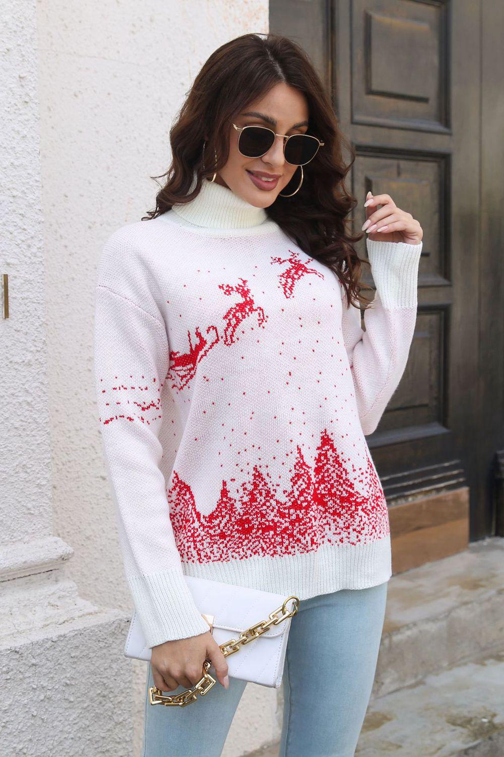 Reindeer & Snow Pattern Turtle Neck Pullover Sweater BLUE ZONE PLANET
