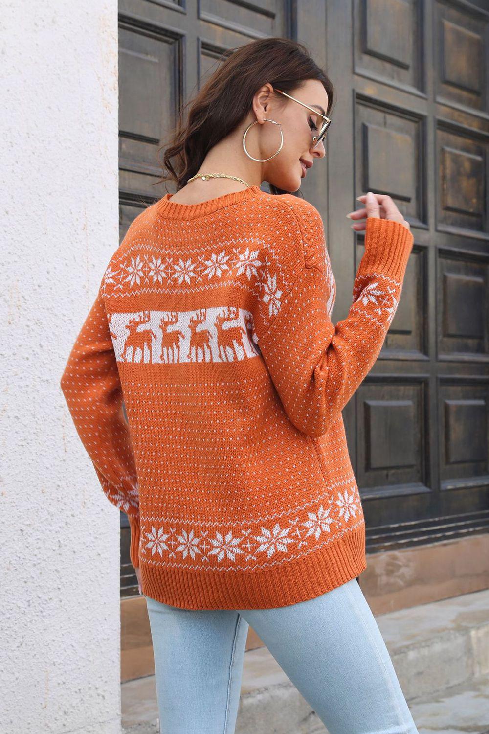 Reindeer & Snowflake Pattern Dropped Shoulder Pullover Sweater BLUE ZONE PLANET