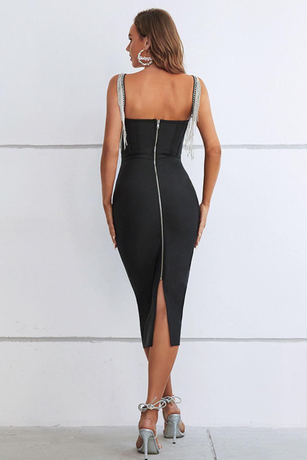 Rhinestone Fringe Sweetheart Neck Slit Dress BLUE ZONE PLANET