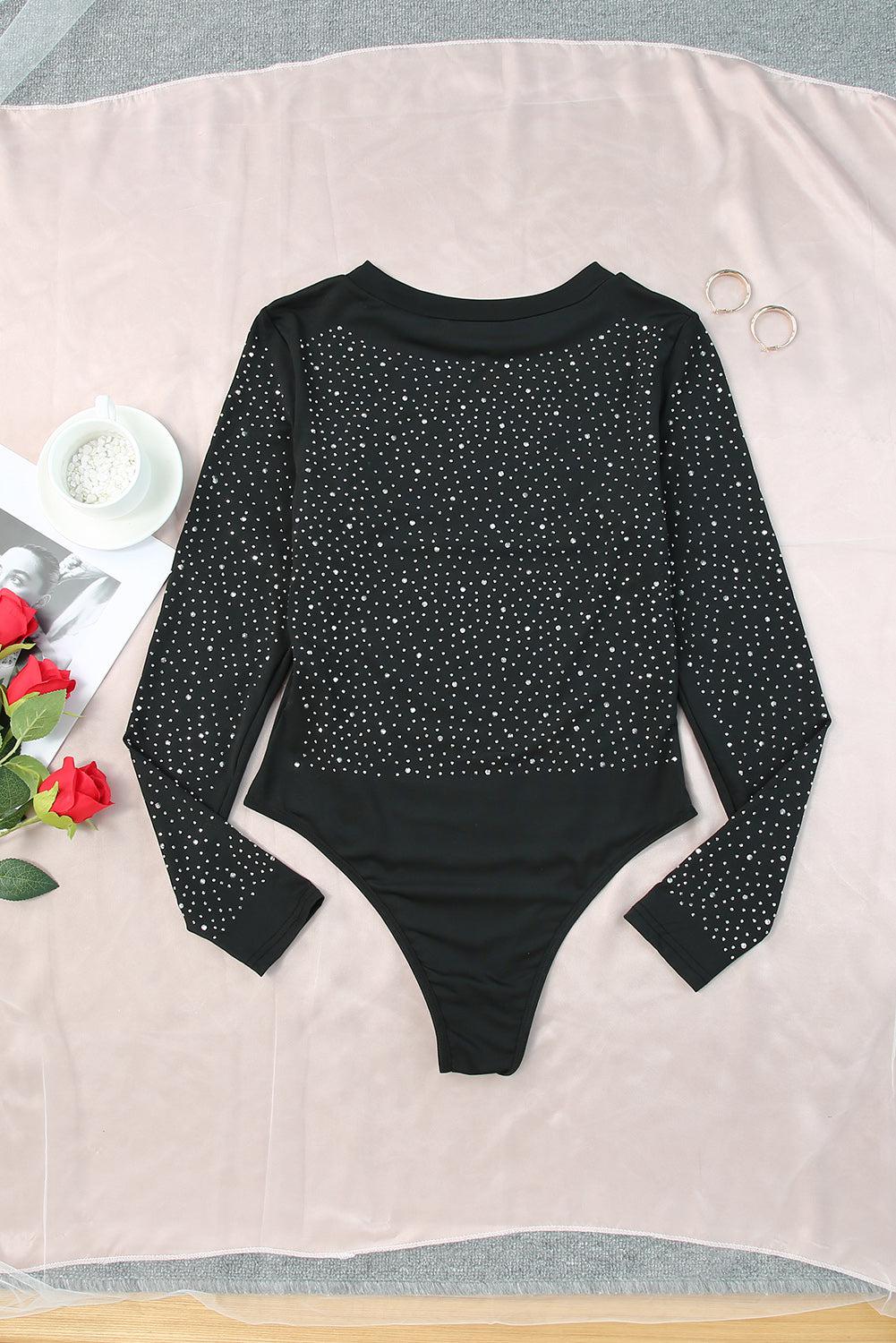 Rhinestone Round Neck Long Sleeve Bodysuit BLUE ZONE PLANET