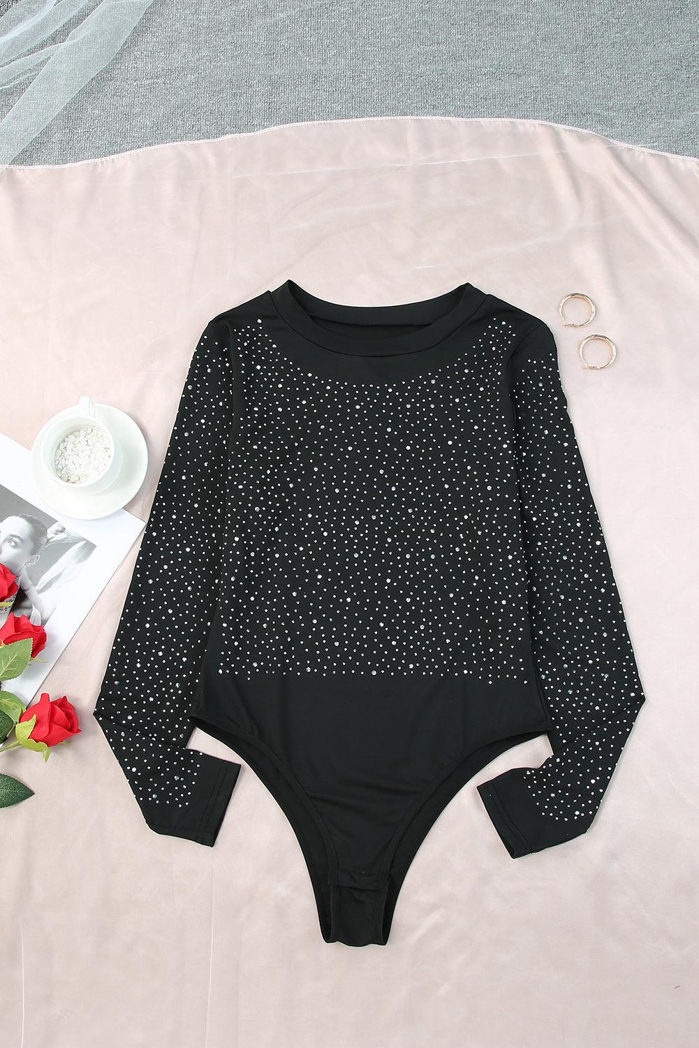 Rhinestone Round Neck Long Sleeve Bodysuit BLUE ZONE PLANET