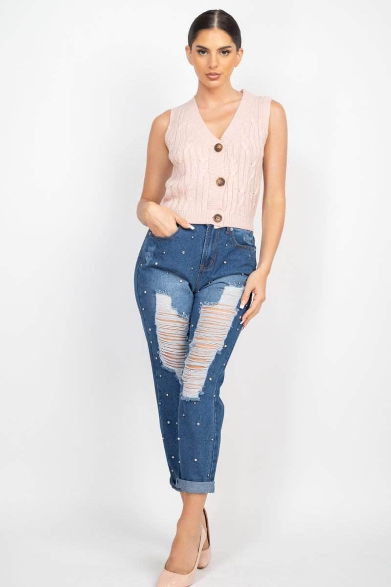 Rhinestones Ripped-front Denim Jeans Blue Zone Planet