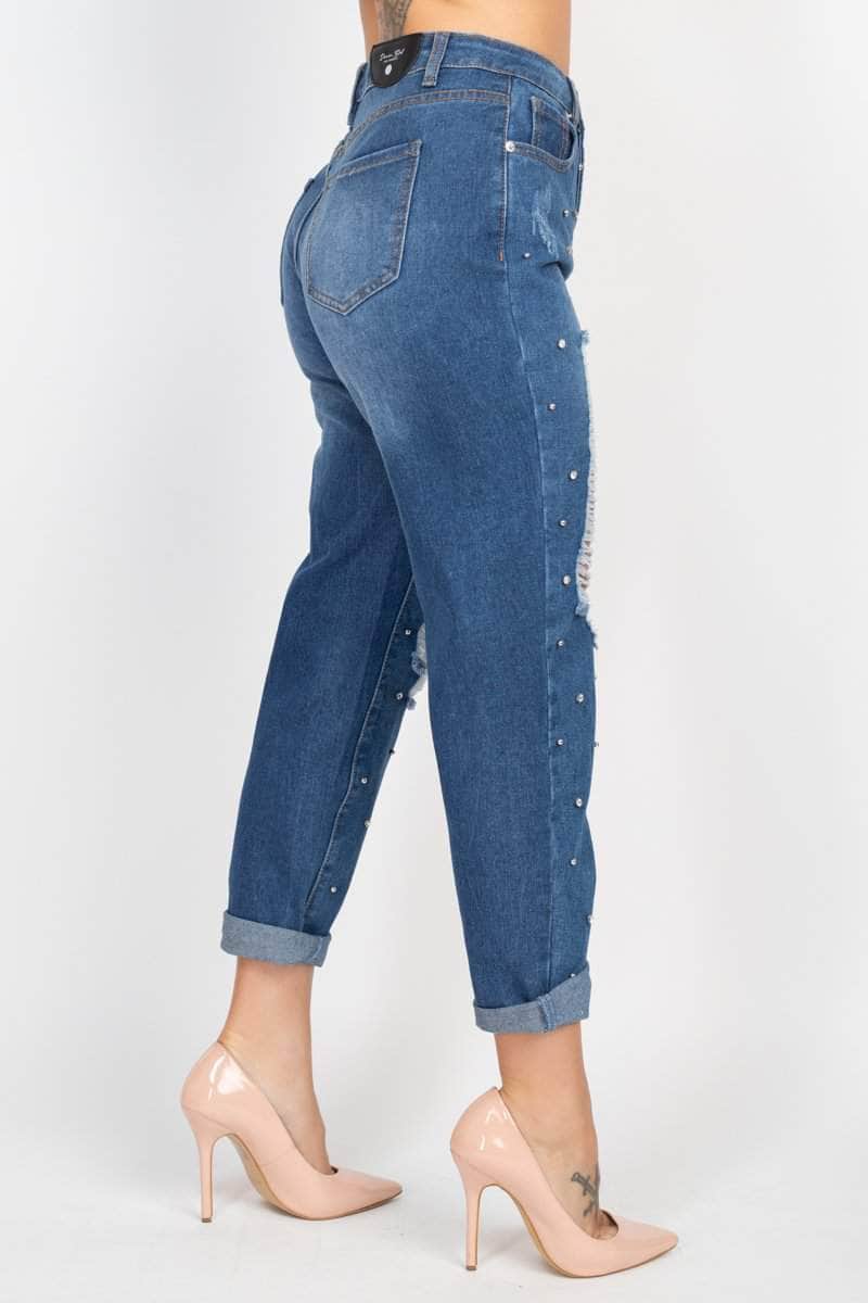 Rhinestones Ripped-front Denim Jeans Blue Zone Planet