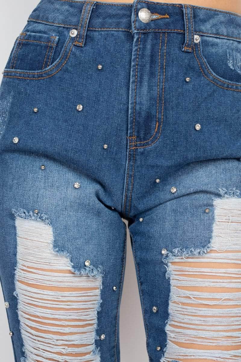 Rhinestones Ripped-front Denim Jeans Blue Zone Planet