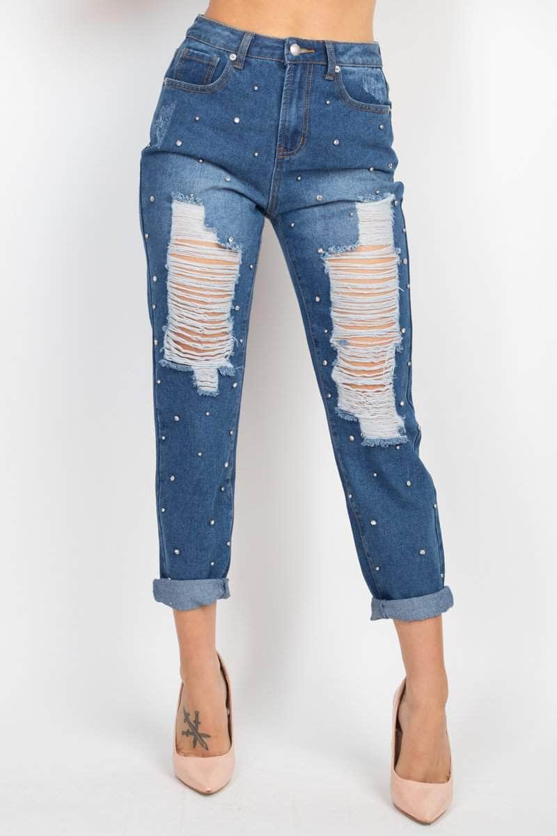 Rhinestones Ripped-front Denim Jeans Blue Zone Planet