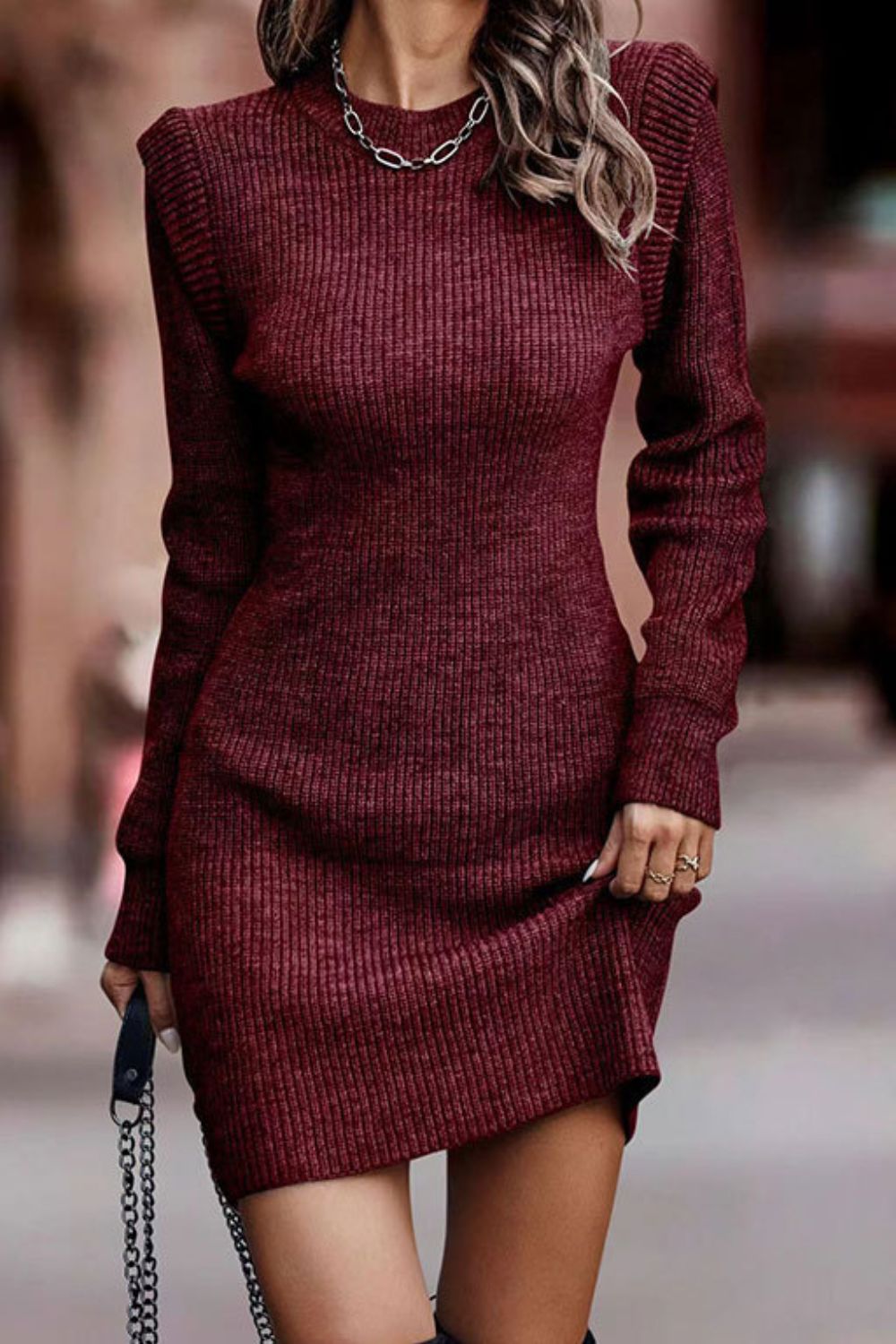 Blue Zone Planet | Rib-Knit Round Neck Sweater Dress BLUE ZONE PLANET