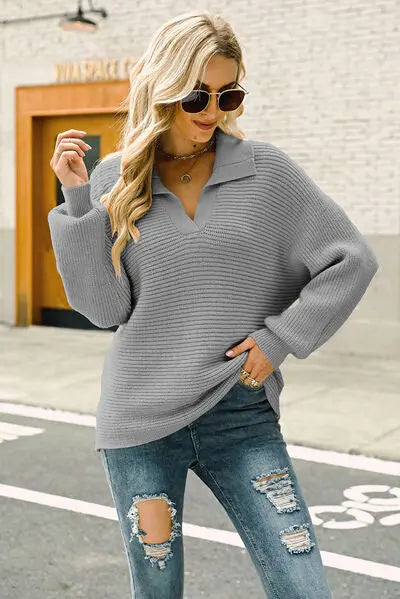 Ribbed Johnny Collar Pullover Sweater BLUE ZONE PLANET
