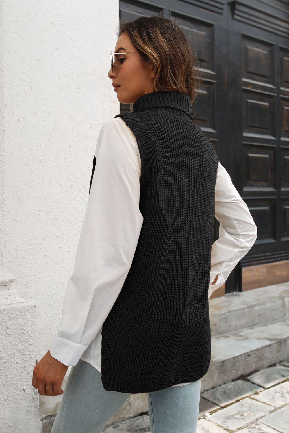 Ribbed Mock Neck Sleeveless Sweater Vest BLUE ZONE PLANET