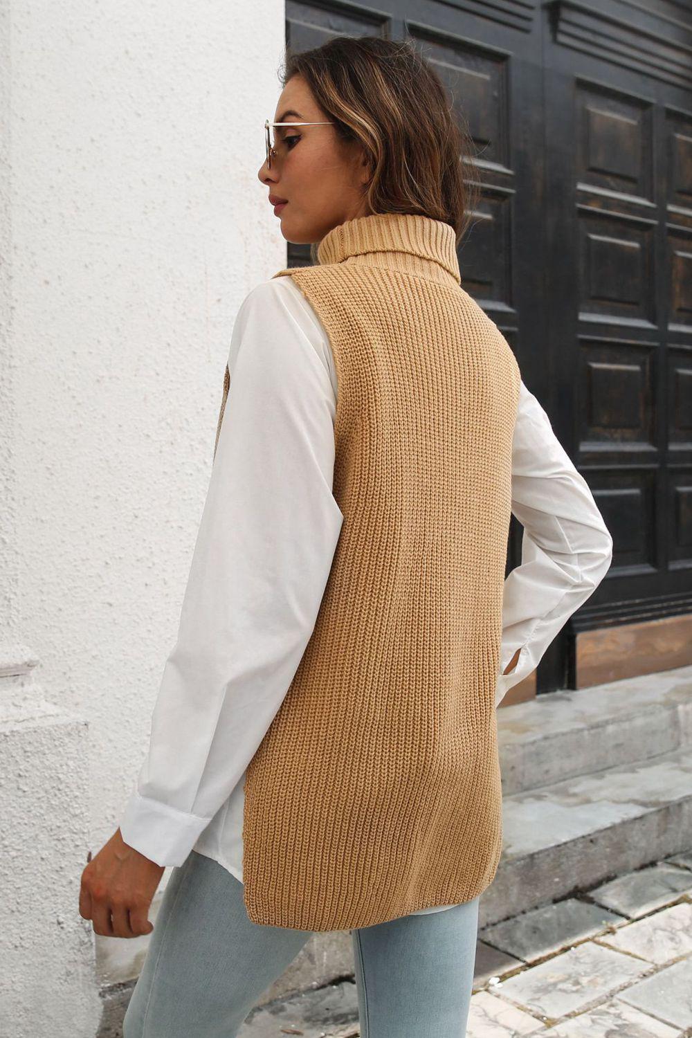 Ribbed Mock Neck Sleeveless Sweater Vest BLUE ZONE PLANET
