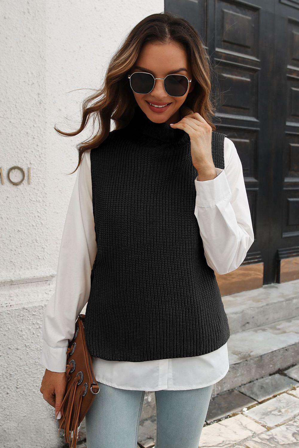 Ribbed Mock Neck Sleeveless Sweater Vest BLUE ZONE PLANET