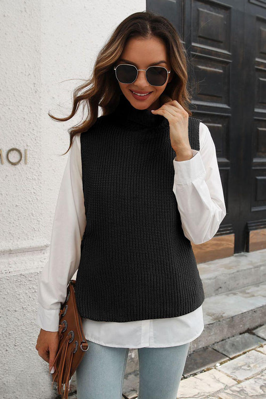 Ribbed Mock Neck Sleeveless Sweater Vest BLUE ZONE PLANET