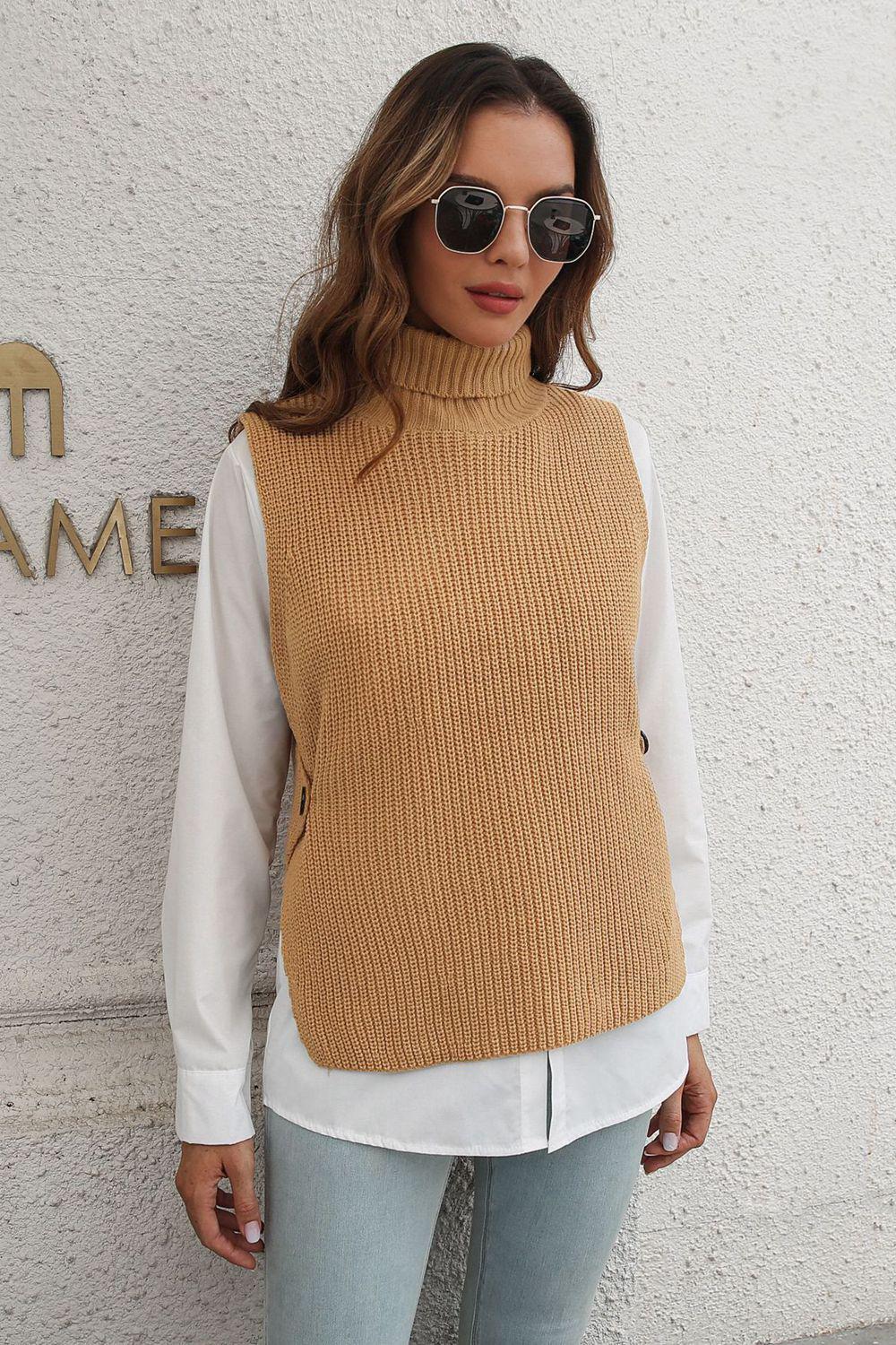 Ribbed Mock Neck Sleeveless Sweater Vest BLUE ZONE PLANET