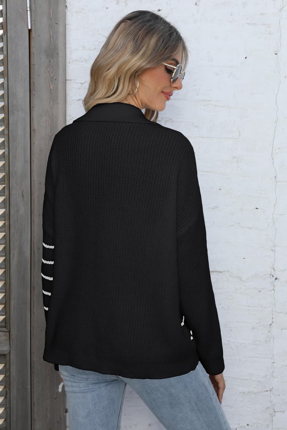 Ribbed Notched Neck Striped Long Sleeve Sweater BLUE ZONE PLANET