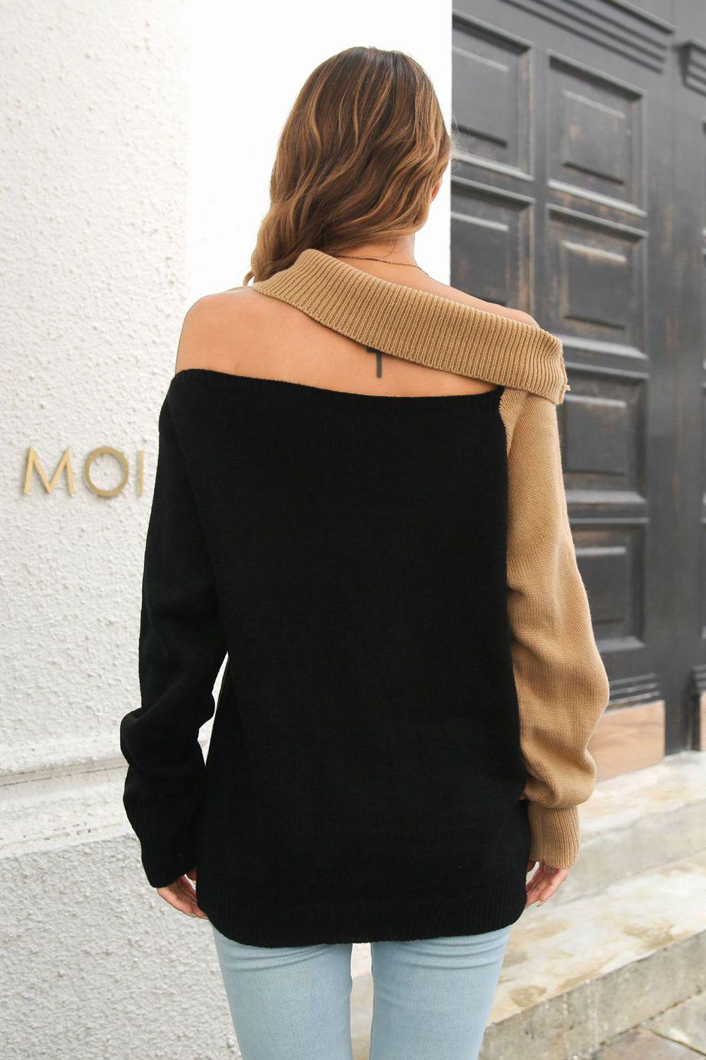 Ribbed Off-Shoulder Lantern Sleeve Pullover Sweater BLUE ZONE PLANET
