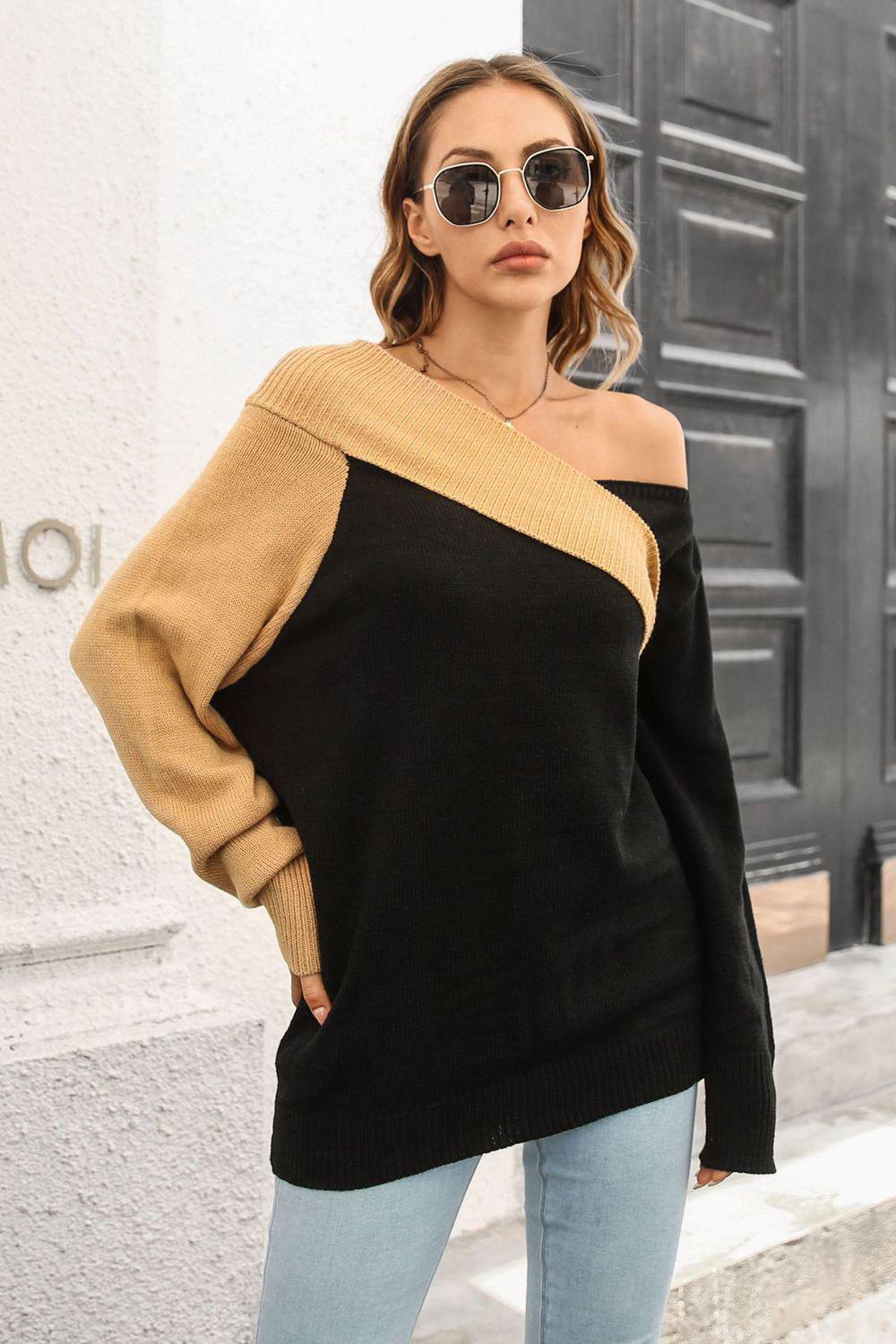 Ribbed Off-Shoulder Lantern Sleeve Pullover Sweater BLUE ZONE PLANET
