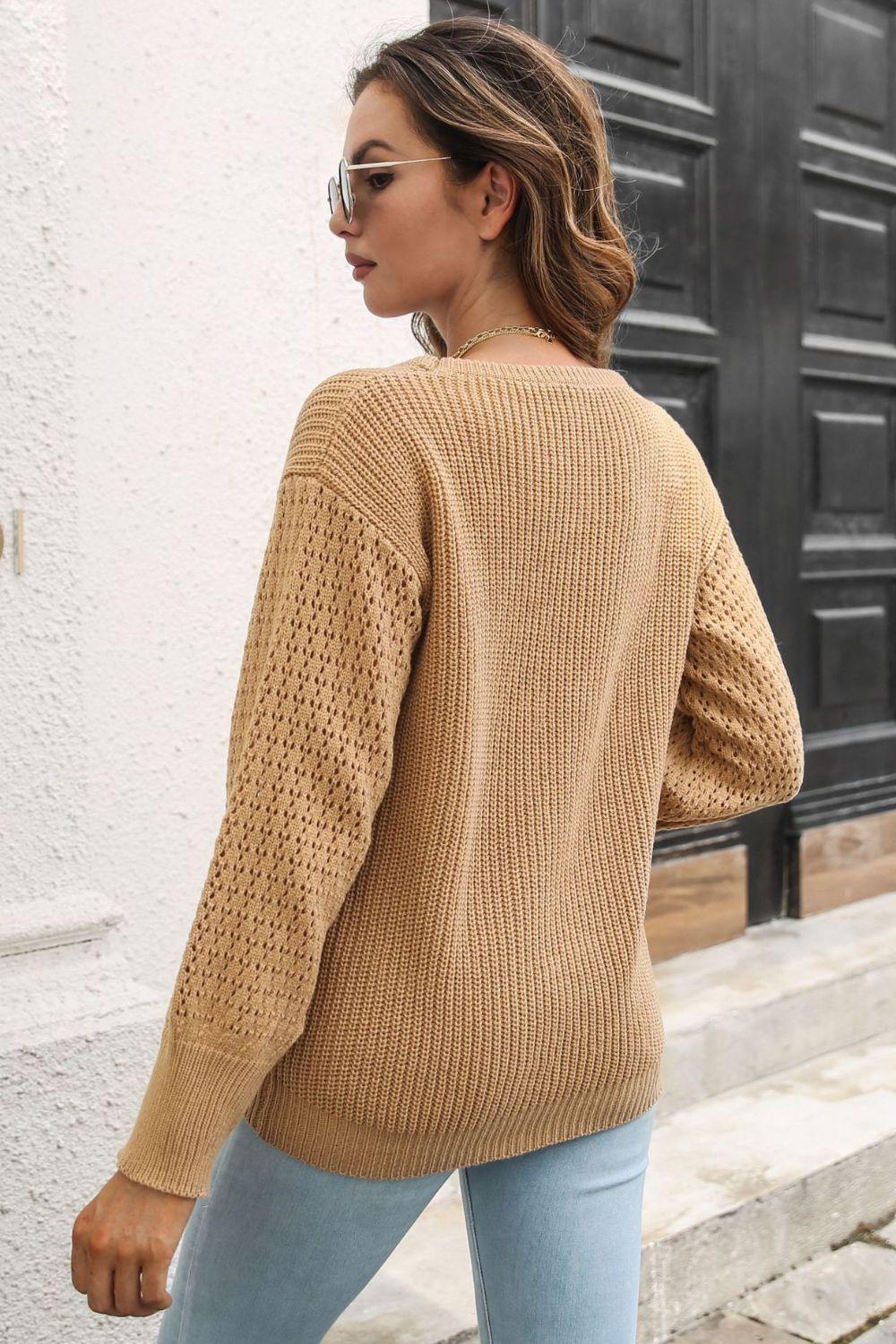 Ribbed Openwork Sleeve Round Neck Pullover Sweater BLUE ZONE PLANET