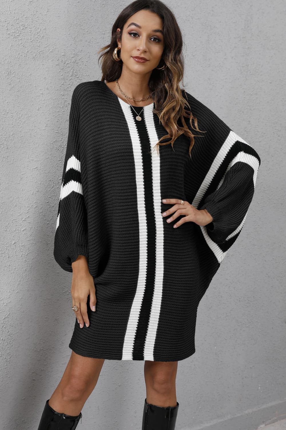 Ribbed Round Neck Long Sleeve Sweater Dress BLUE ZONE PLANET