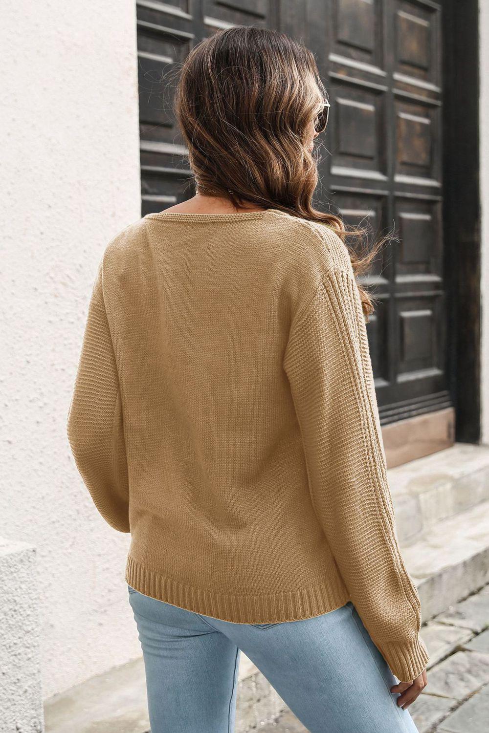 Ribbed Scoop Neck Long Sleeve Pullover Sweater BLUE ZONE PLANET