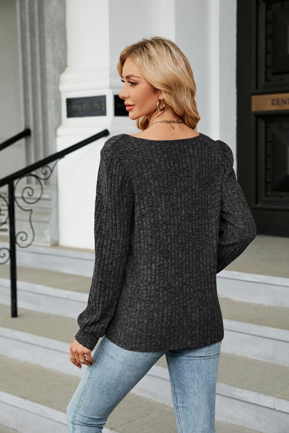 Ribbed Square Neck Long Sleeve T-Shirt BLUE ZONE PLANET