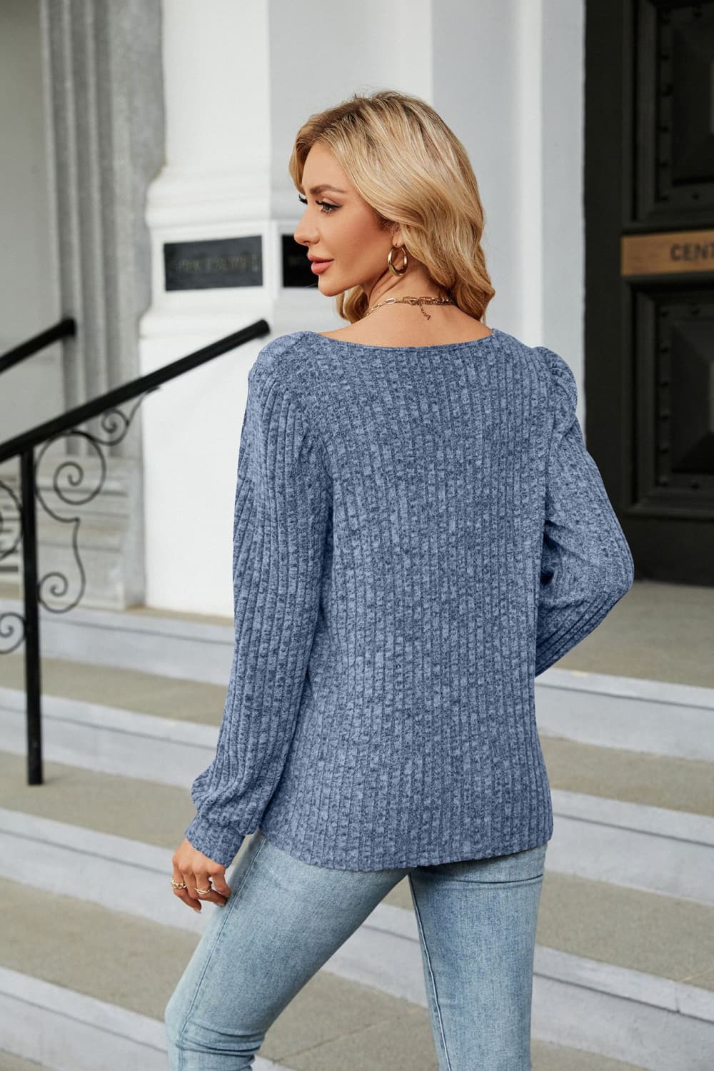Ribbed Square Neck Long Sleeve T-Shirt BLUE ZONE PLANET