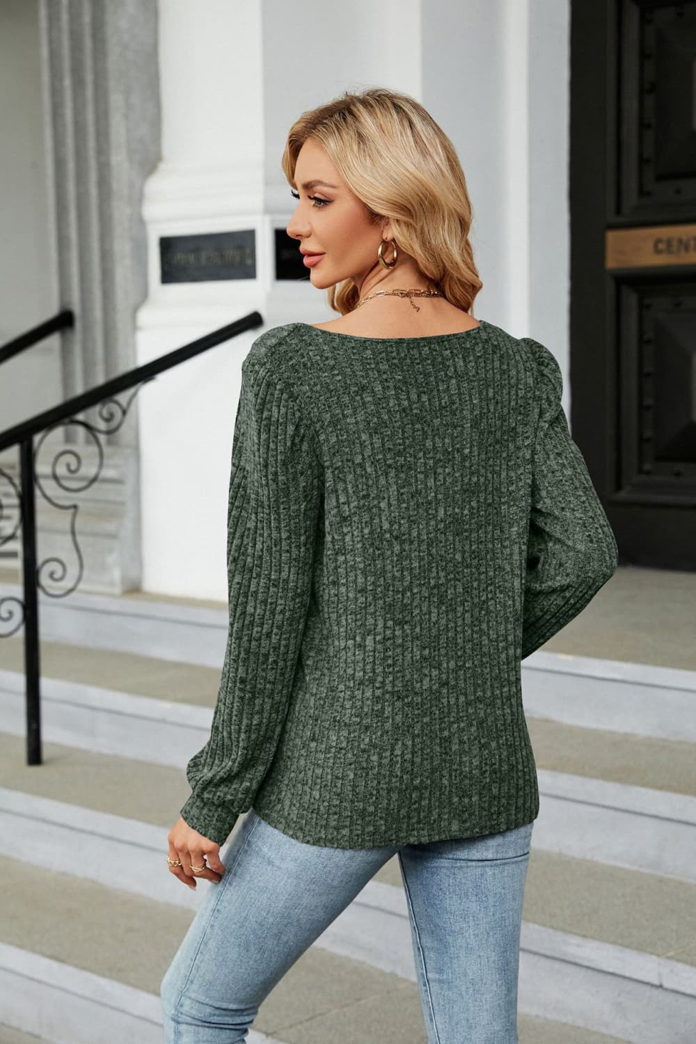 Ribbed Square Neck Long Sleeve T-Shirt BLUE ZONE PLANET