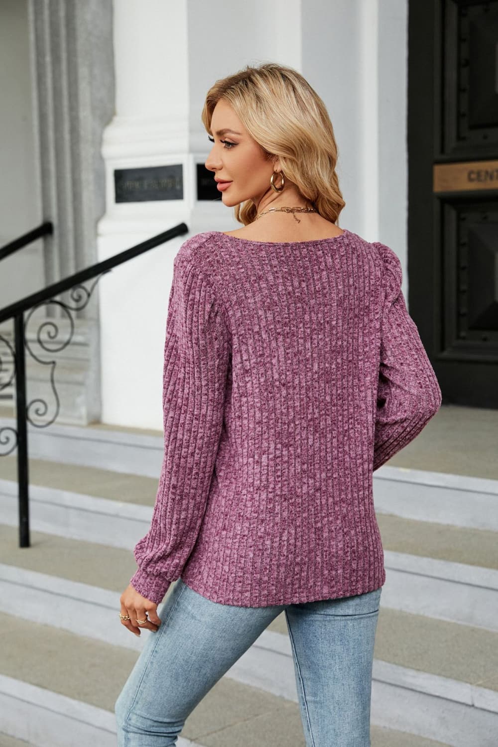 Ribbed Square Neck Long Sleeve T-Shirt BLUE ZONE PLANET