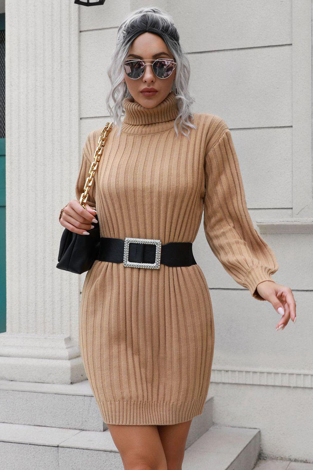 Ribbed Turtle Neck Long Sleeve Mini Sweater Dress BLUE ZONE PLANET