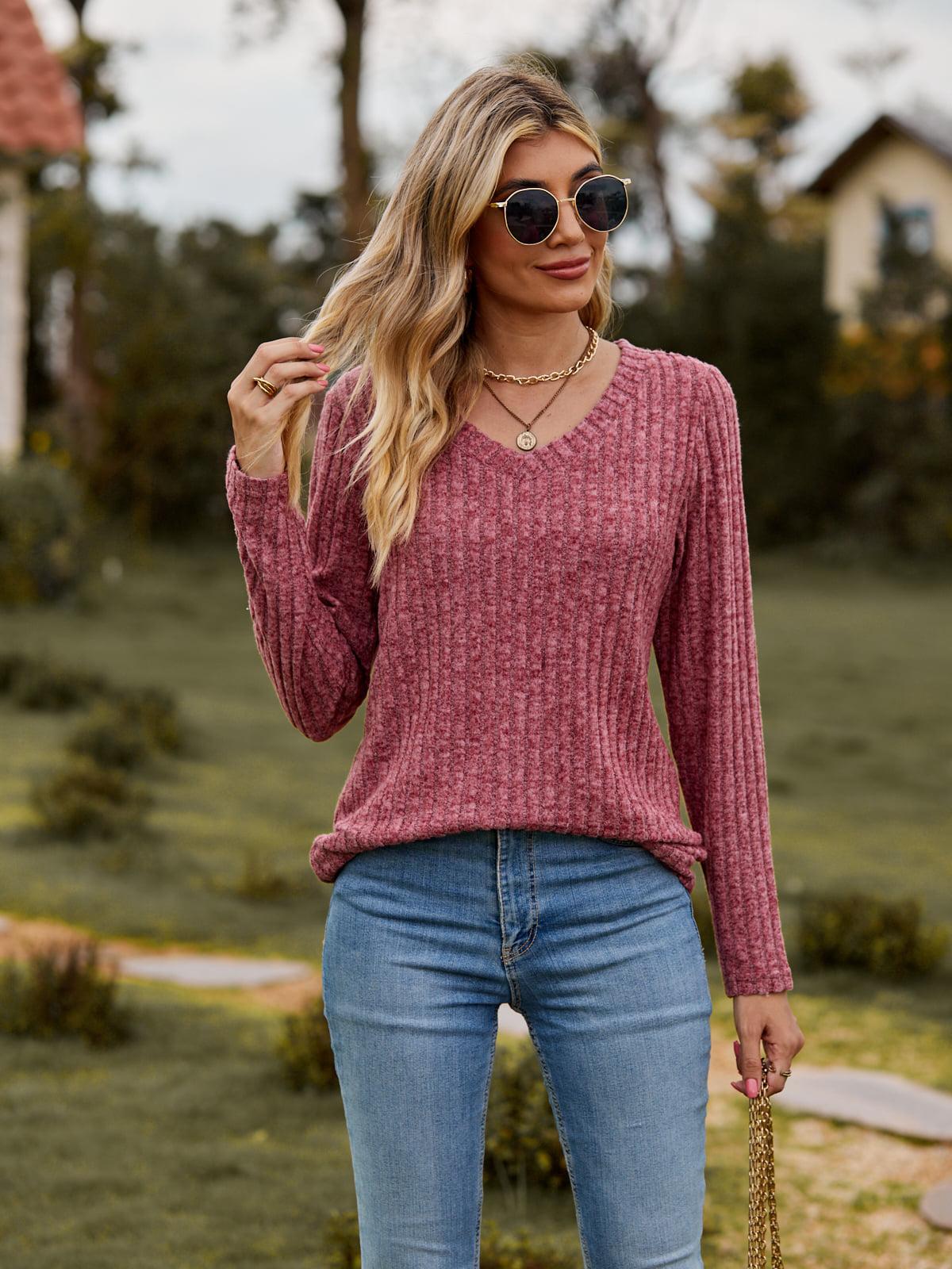 Ribbed V-Neck Long Sleeve Tee BLUE ZONE PLANET