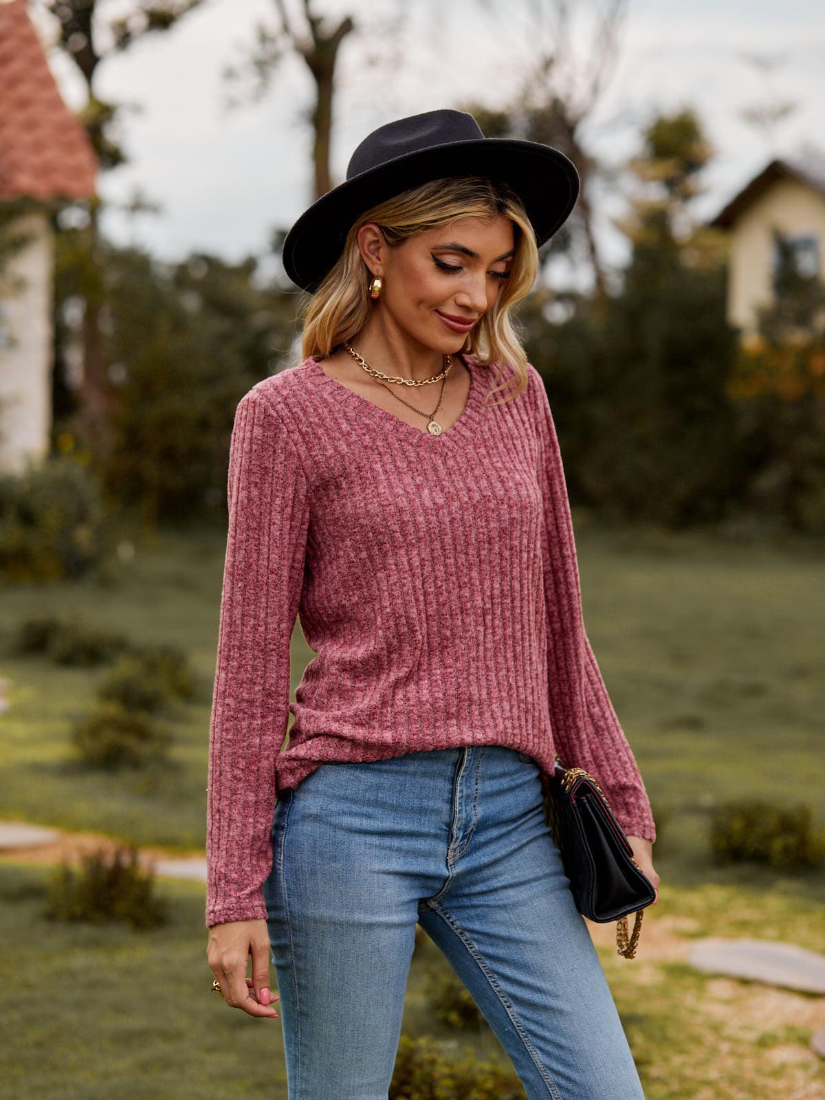 Ribbed V-Neck Long Sleeve Tee BLUE ZONE PLANET