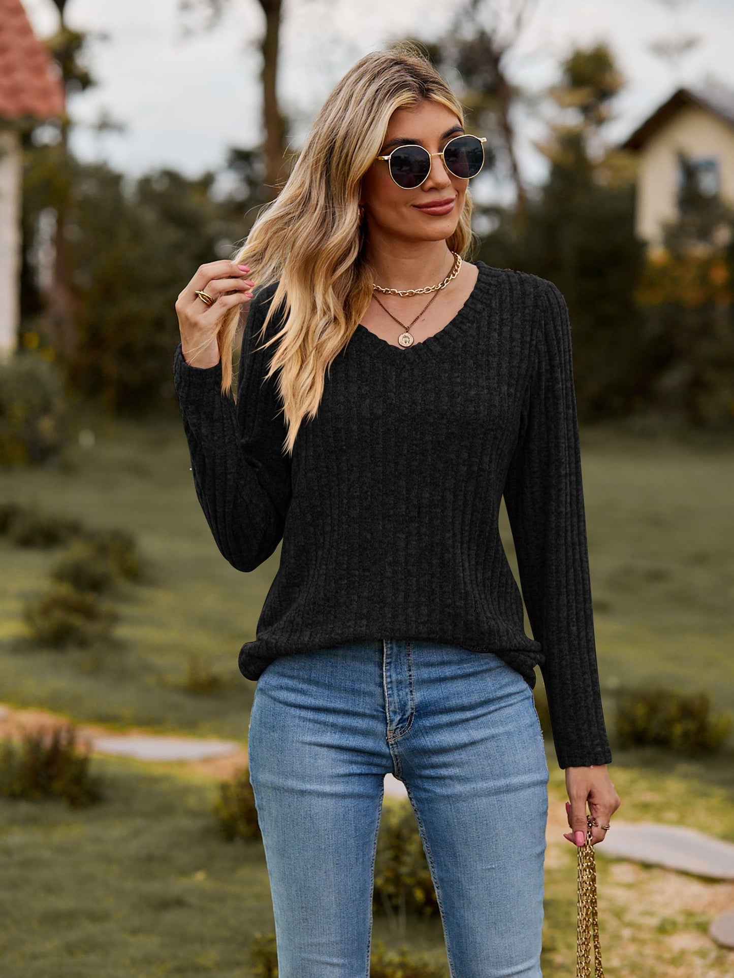 Ribbed V-Neck Long Sleeve Tee BLUE ZONE PLANET