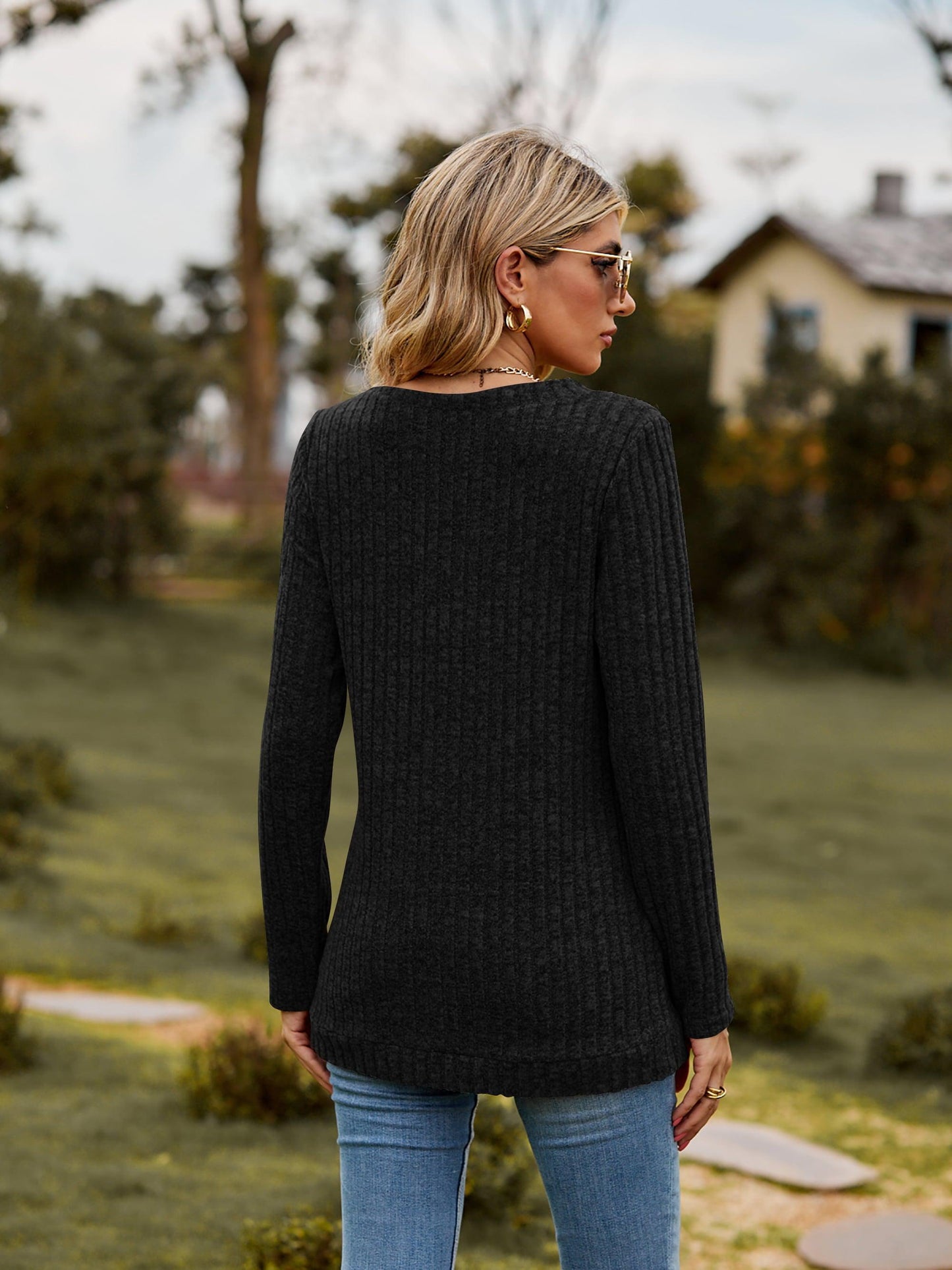 Ribbed V-Neck Long Sleeve Tee BLUE ZONE PLANET