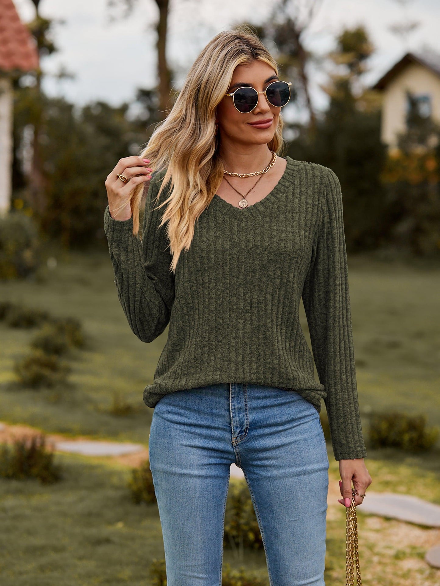 Ribbed V-Neck Long Sleeve Tee BLUE ZONE PLANET