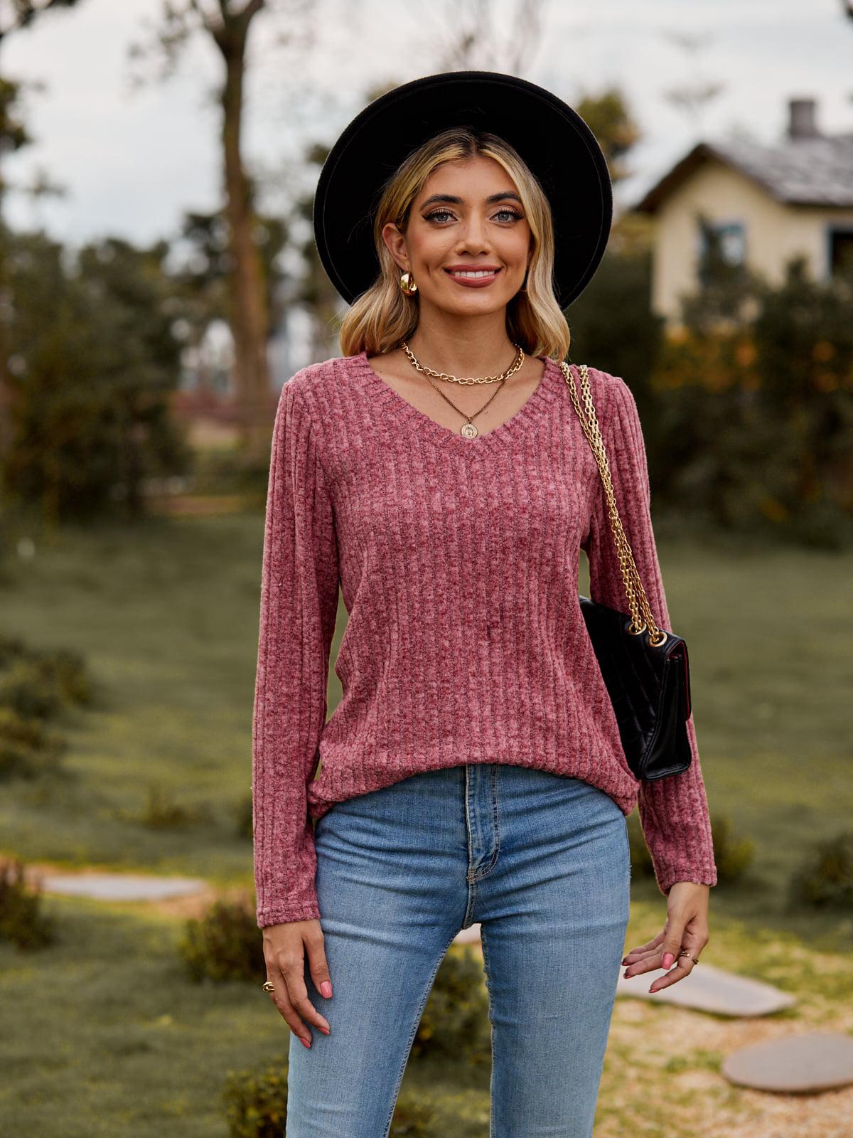 Ribbed V-Neck Long Sleeve Tee BLUE ZONE PLANET