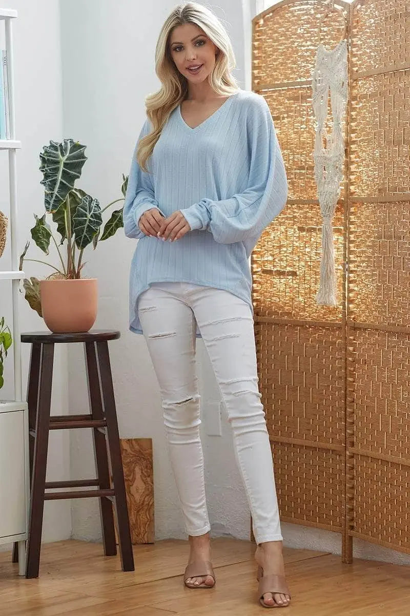 Ribbed V Neck Longsleeve Top Blue Zone Planet