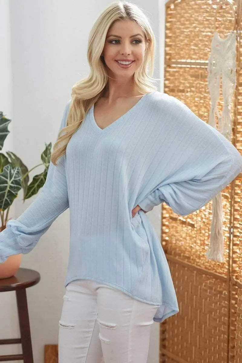 Ribbed V Neck Longsleeve Top Blue Zone Planet