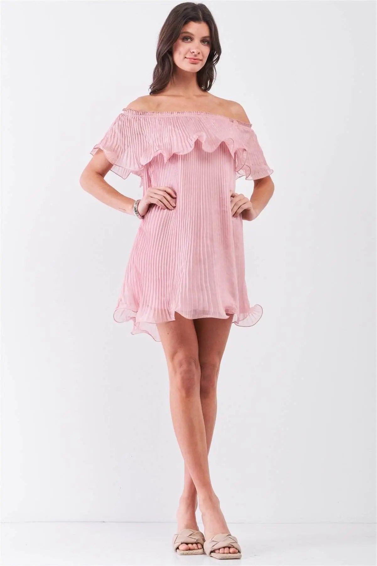 Romantic Off-the-shoulder Frill Trim Mini Dress Blue Zone Planet